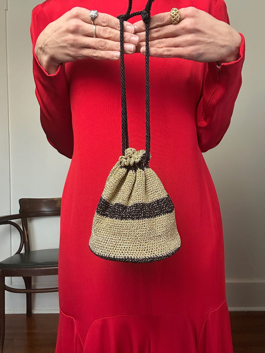 1960s Metallic Woven Drawstring Bag