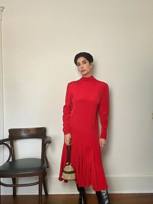 1980s Pauline Trigere Jersey Flounce Dress