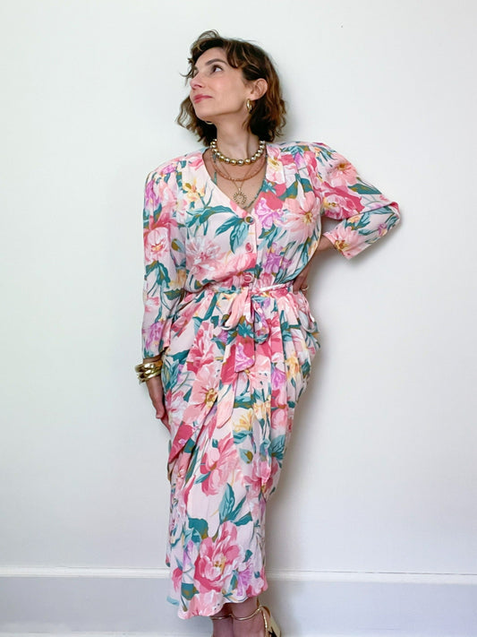 1980s does 1940s Silk Floral Midi Dress