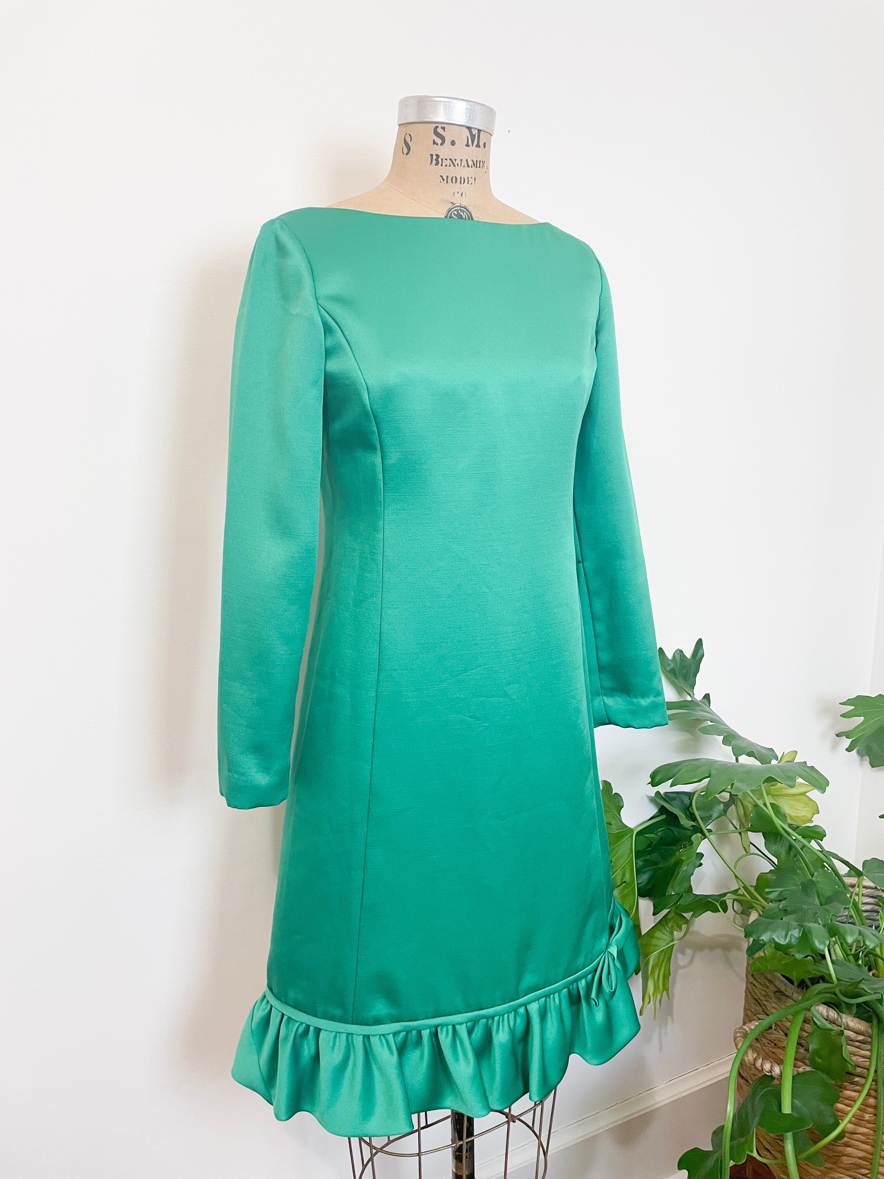 1960s Montaldos Green Silk Taffeta Dress