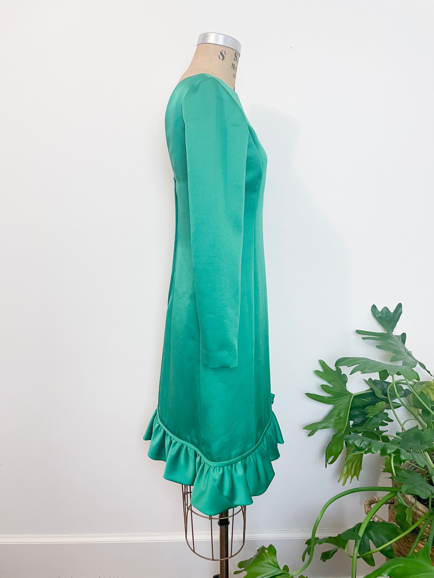 1960s Montaldos Green Silk Taffeta Dress