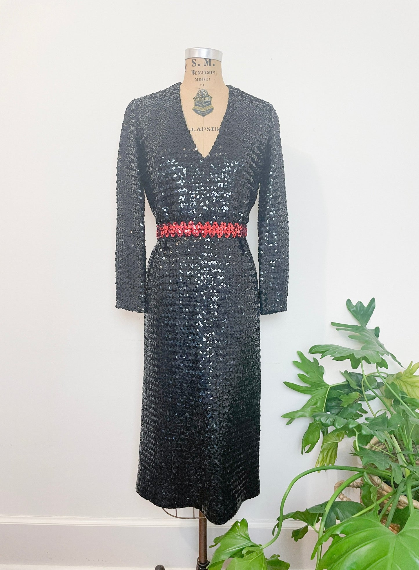 1960s Black Sequin Gown with Red Sash