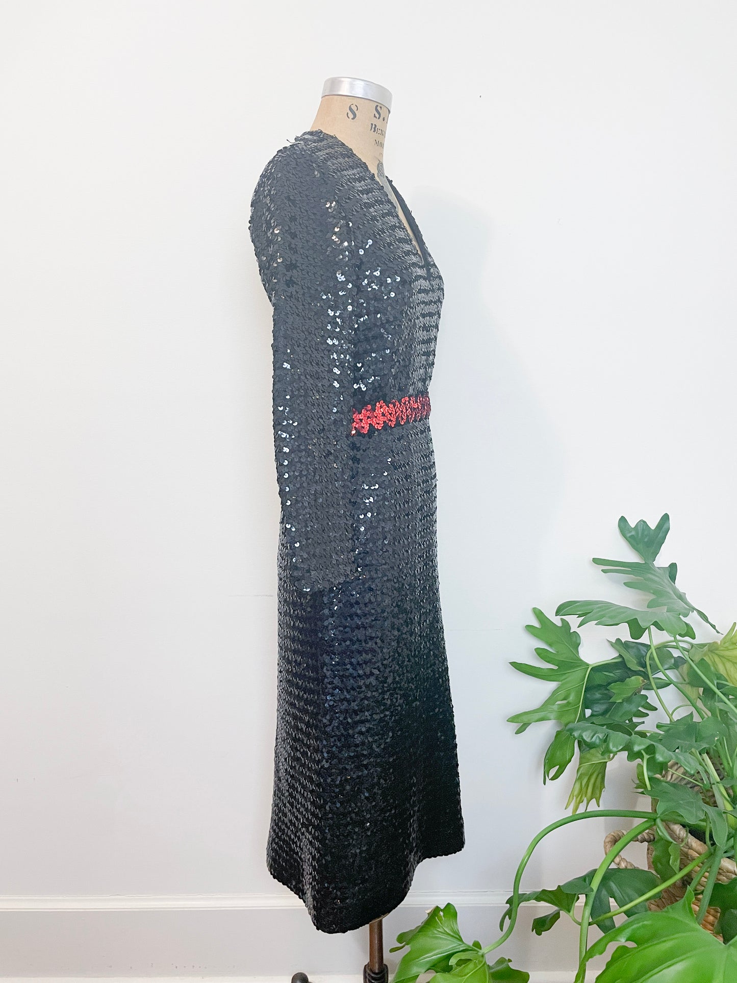 1960s Black Sequin Gown with Red Sash